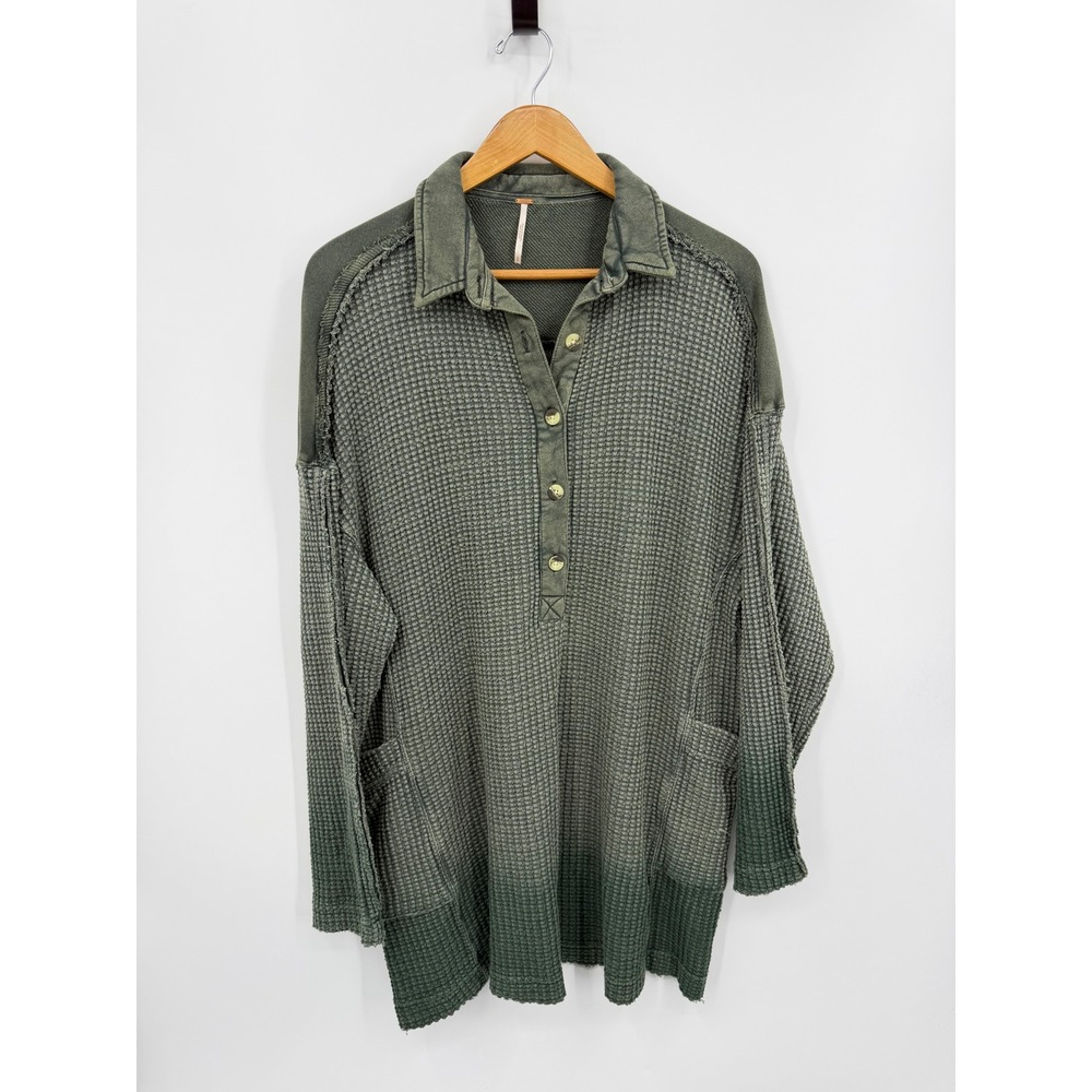 Free People wilder polo Henley Tunic Womens Small Green Ombre Waffle Knit Pocket